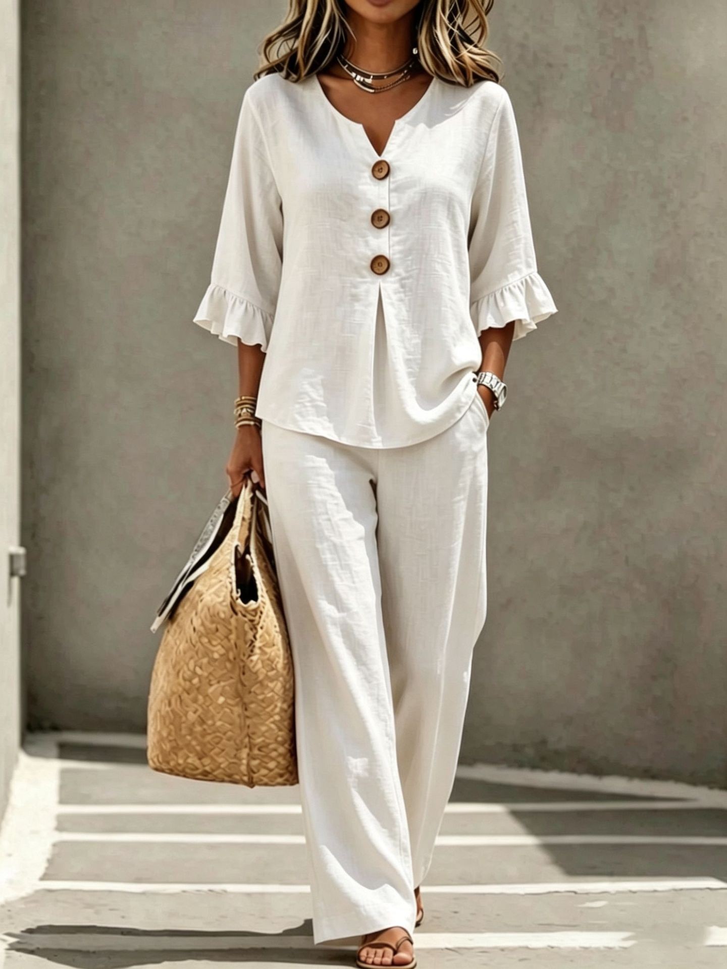 Linen Pant Wide - Women 2 Piece Linen Set V