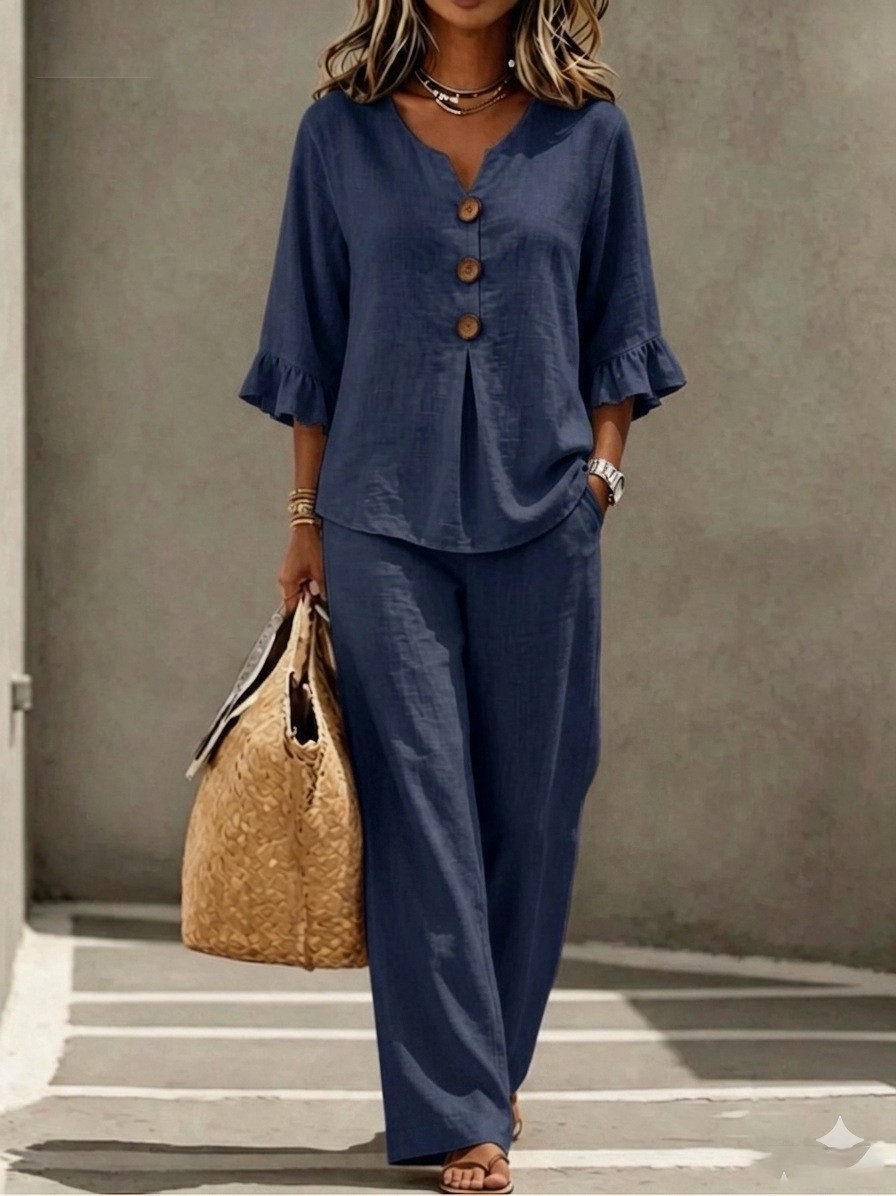 Women 2 Piece Linen Set V Neck - Linen Pant Wide review and price