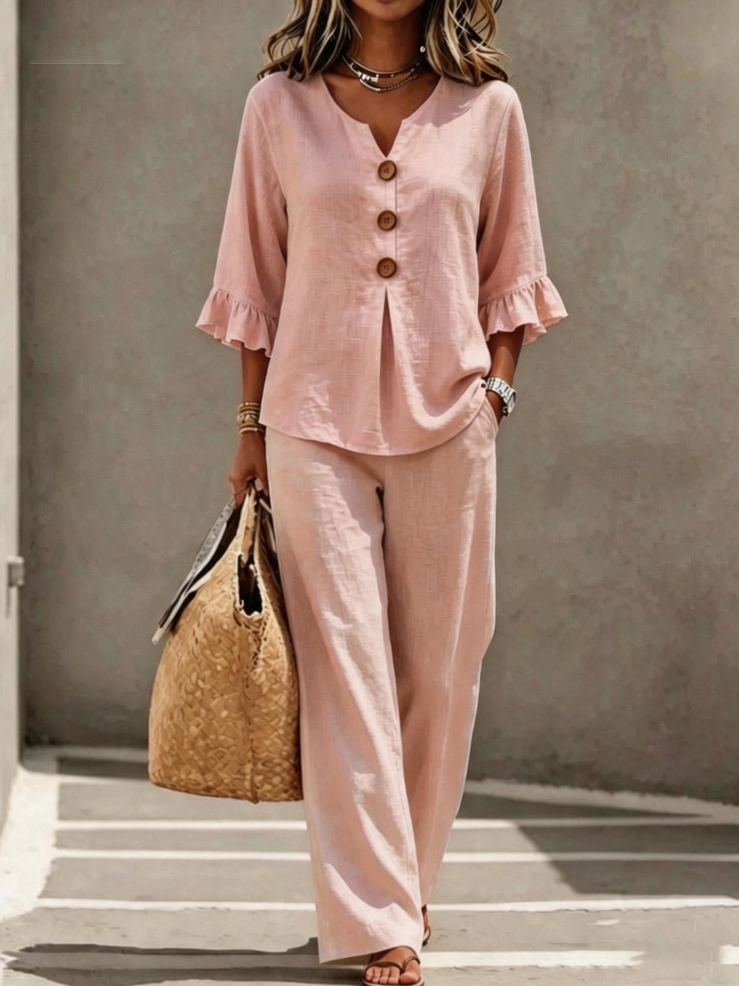 Women 2 Piece Linen Set V Neck - Linen Pant Wide review and price