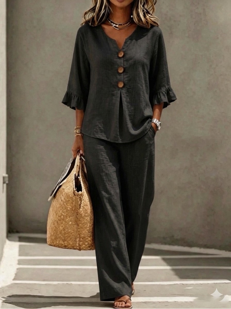Women 2 Piece Linen Set V Neck - Linen Pant Wide review and price
