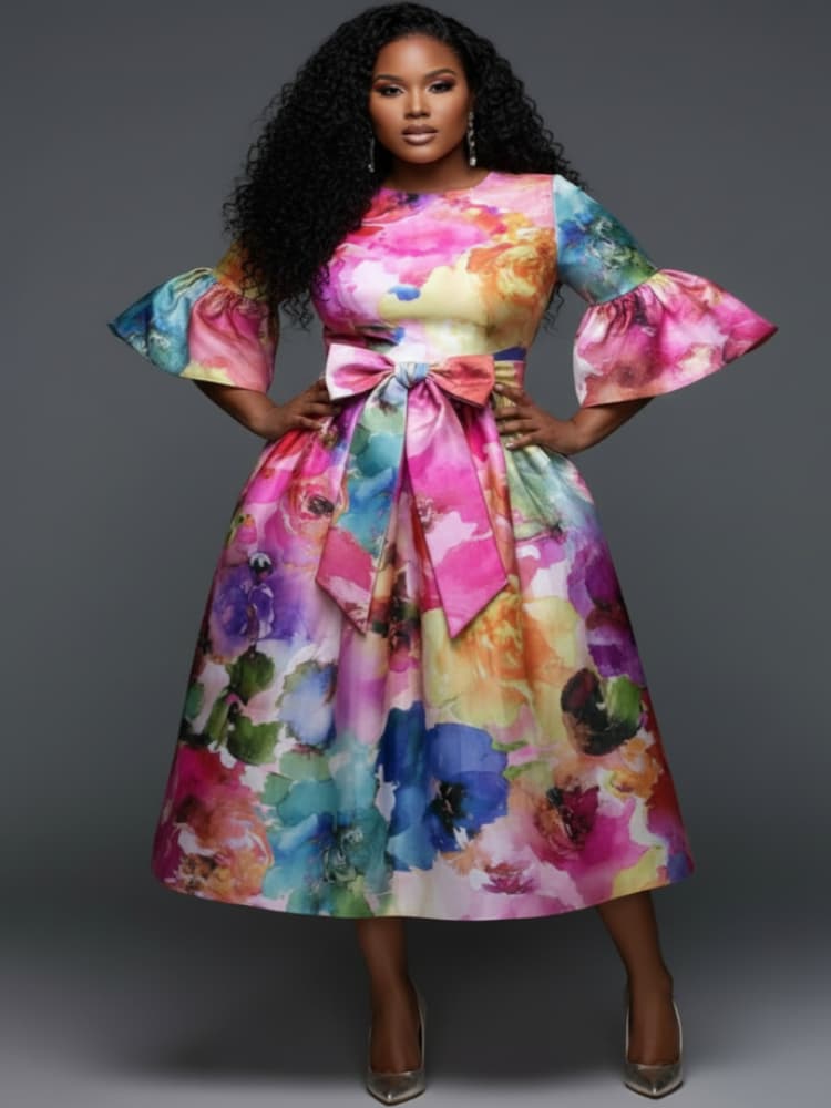 Plus Size Round Neck Flare Sle - Midi Skirt Floral review and price