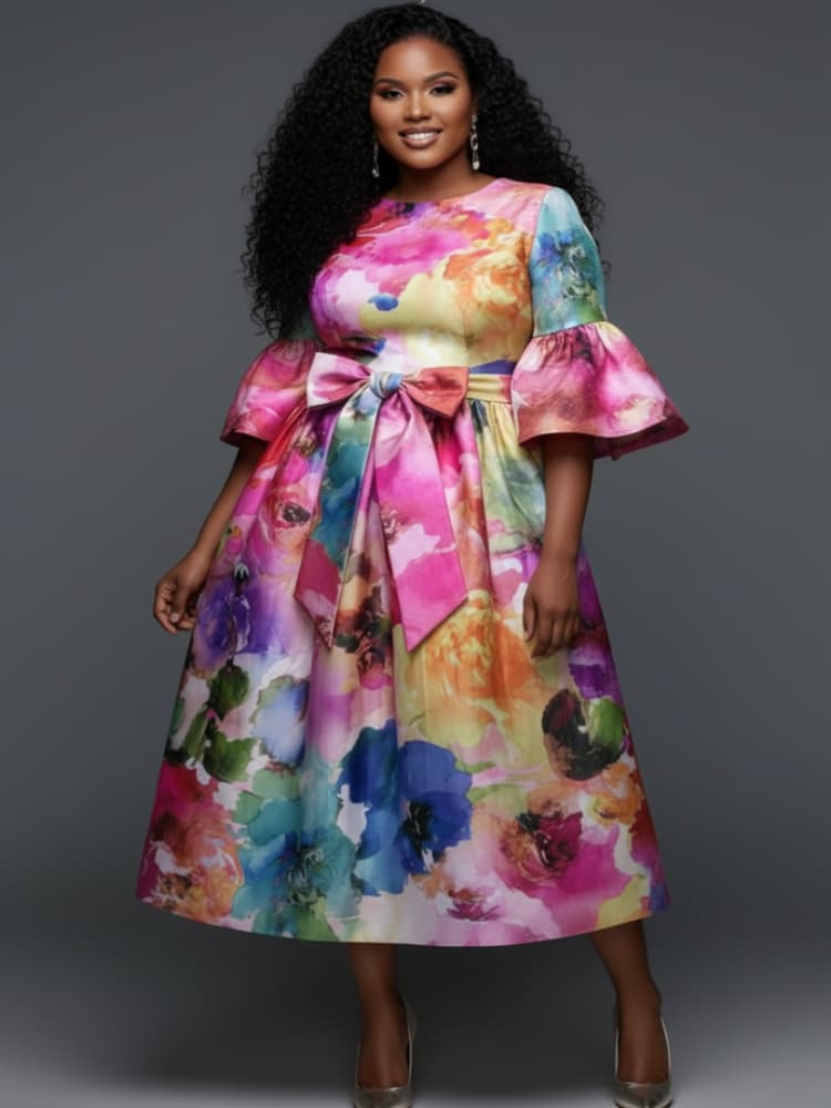 Plus Size Round Neck Flare Sle - Midi Skirt Floral review and price