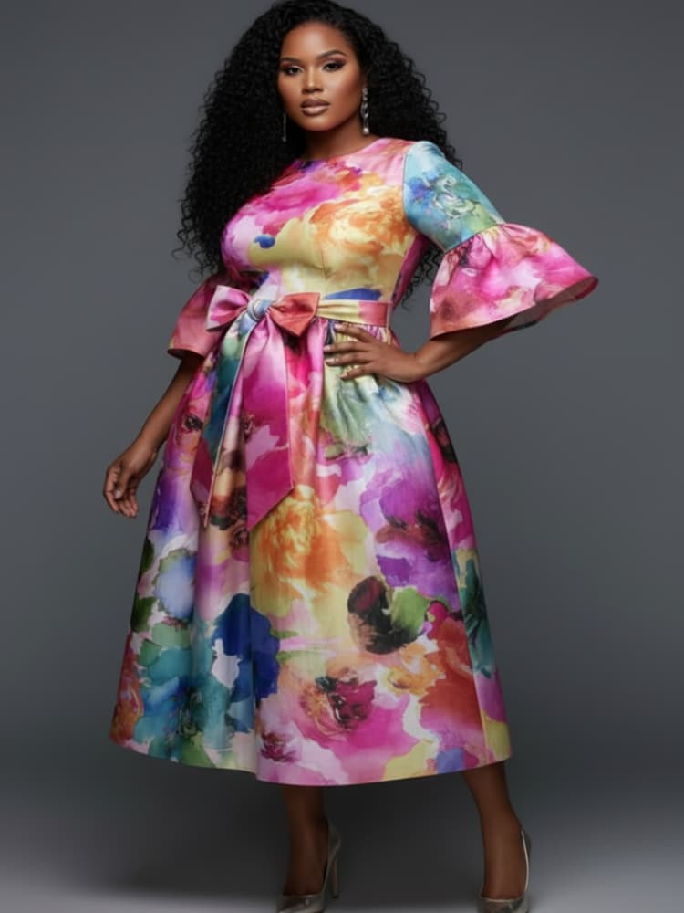 Plus Size Round Neck Flare Sle - Midi Skirt Floral review and price