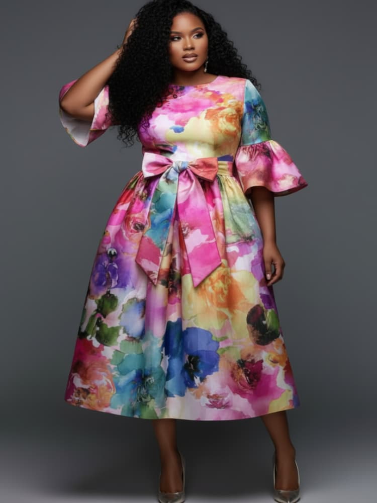 Plus Size Round Neck Flare Sle - Midi Skirt Floral review and price