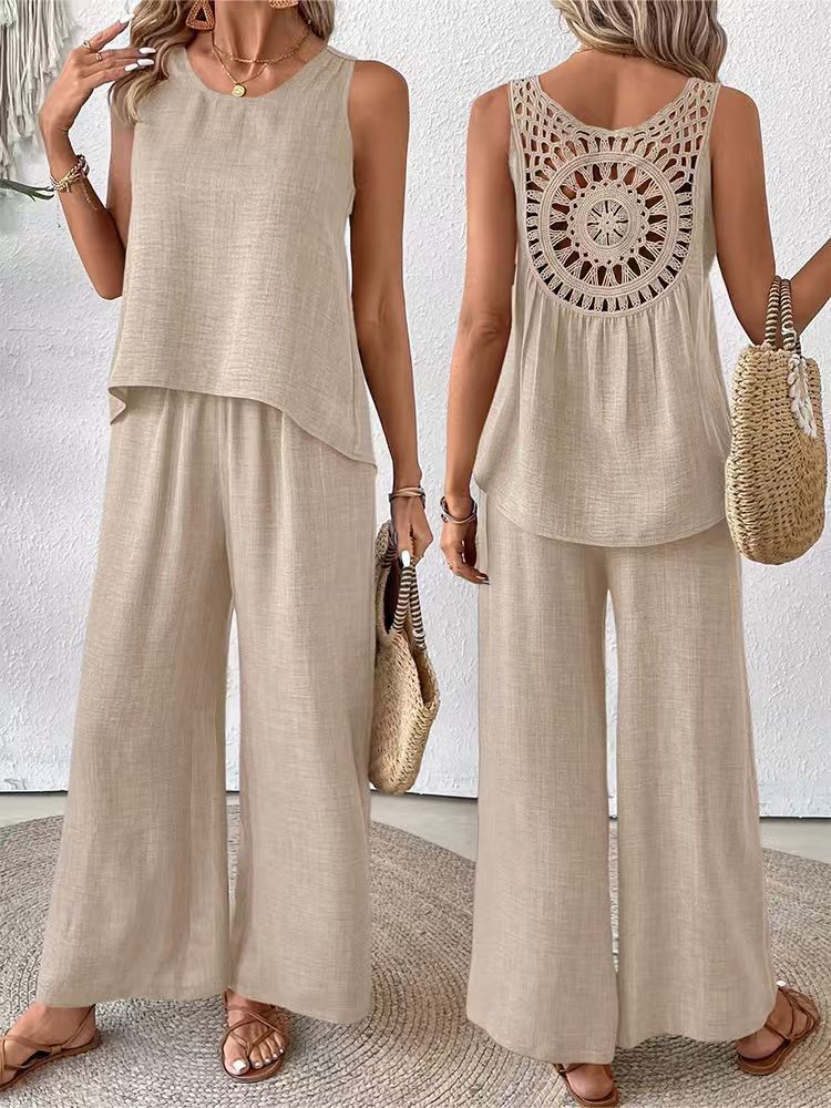 Two Pieces Women Solid Pant Se - Linen Pant Wide review and price