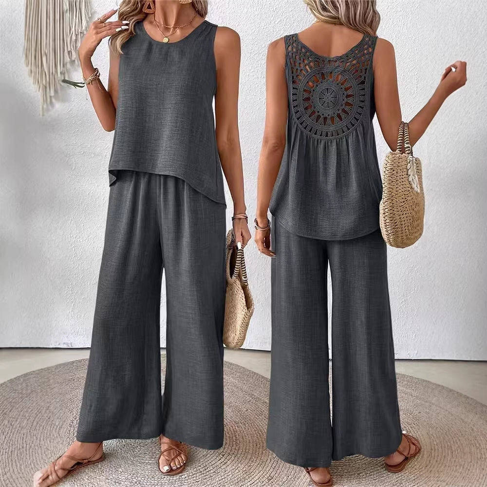 Two Pieces Women Solid Pant Se - Linen Pant Wide review and price