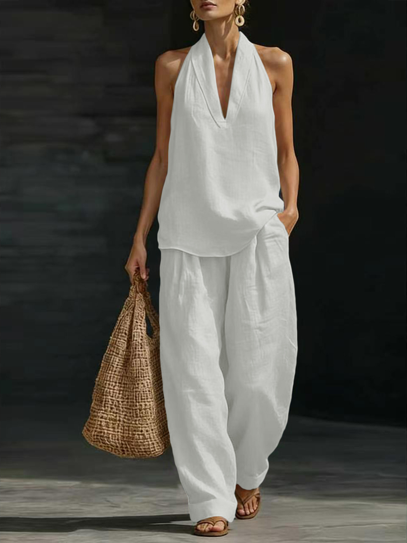 Women Linen 2 Piece Outfit Hal - Linen Pant Wide review and price