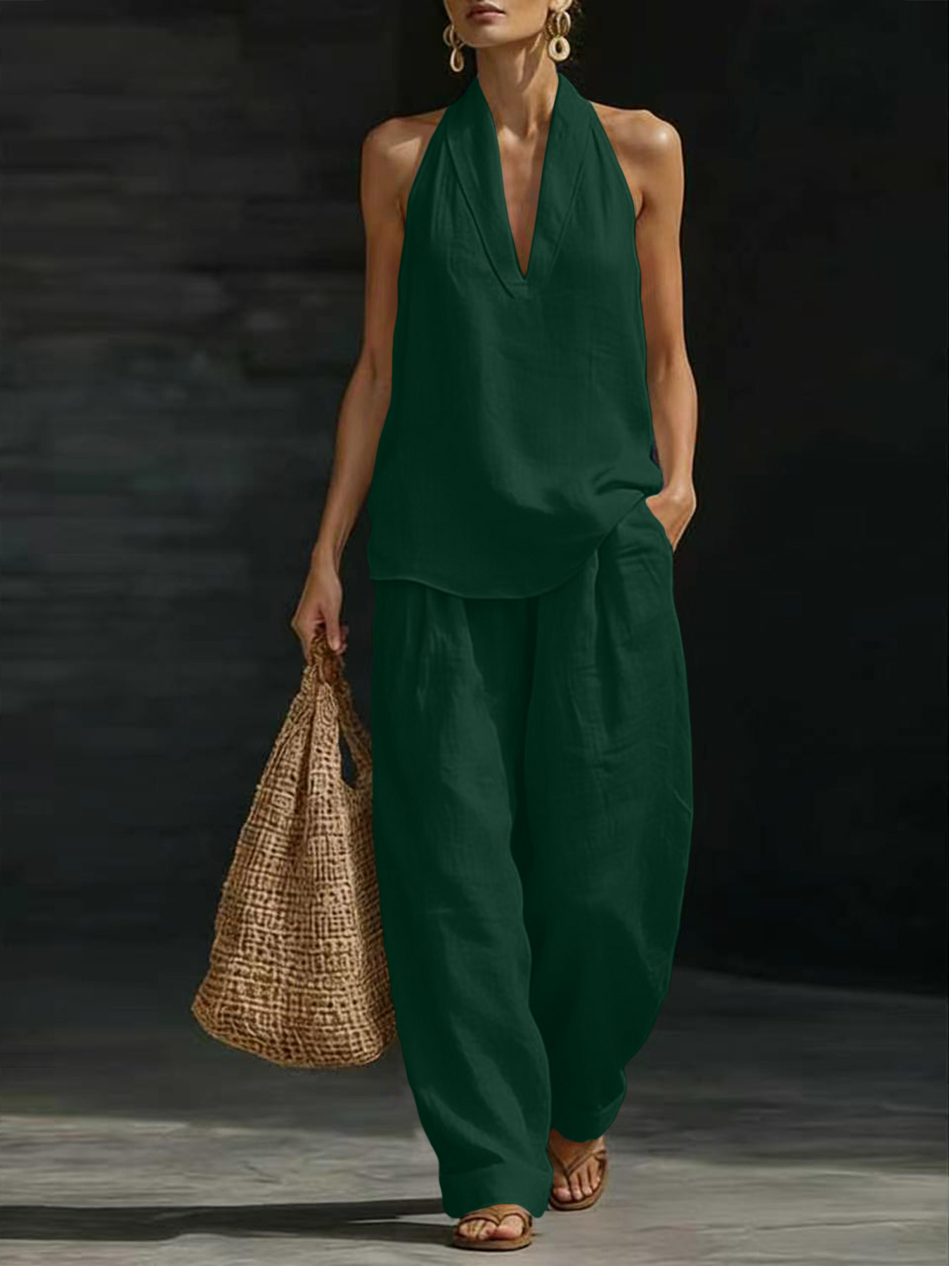 Women Linen 2 Piece Outfit Hal - Linen Pant Wide review and price