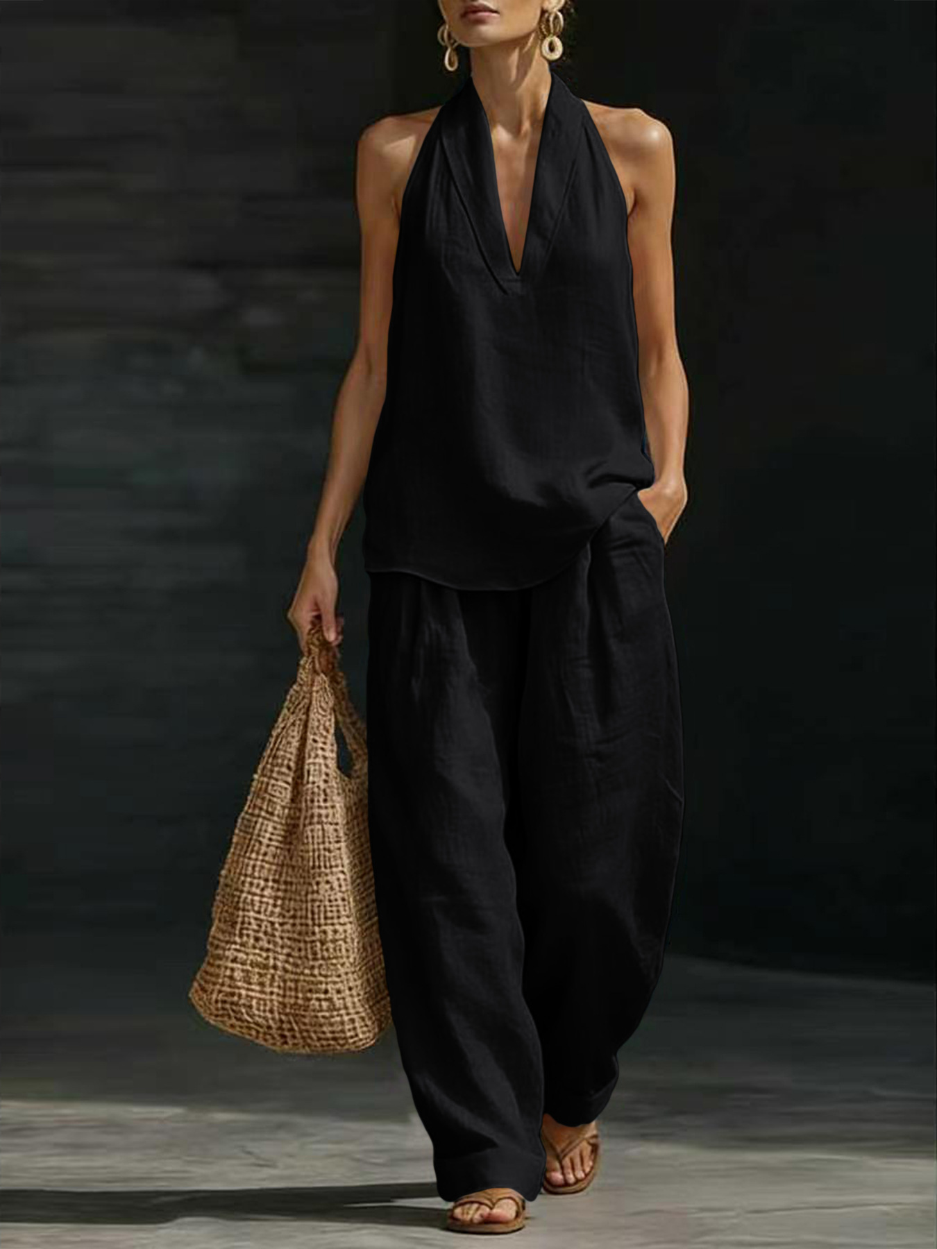 Women Linen 2 Piece Outfit Hal - Linen Pant Wide review and price