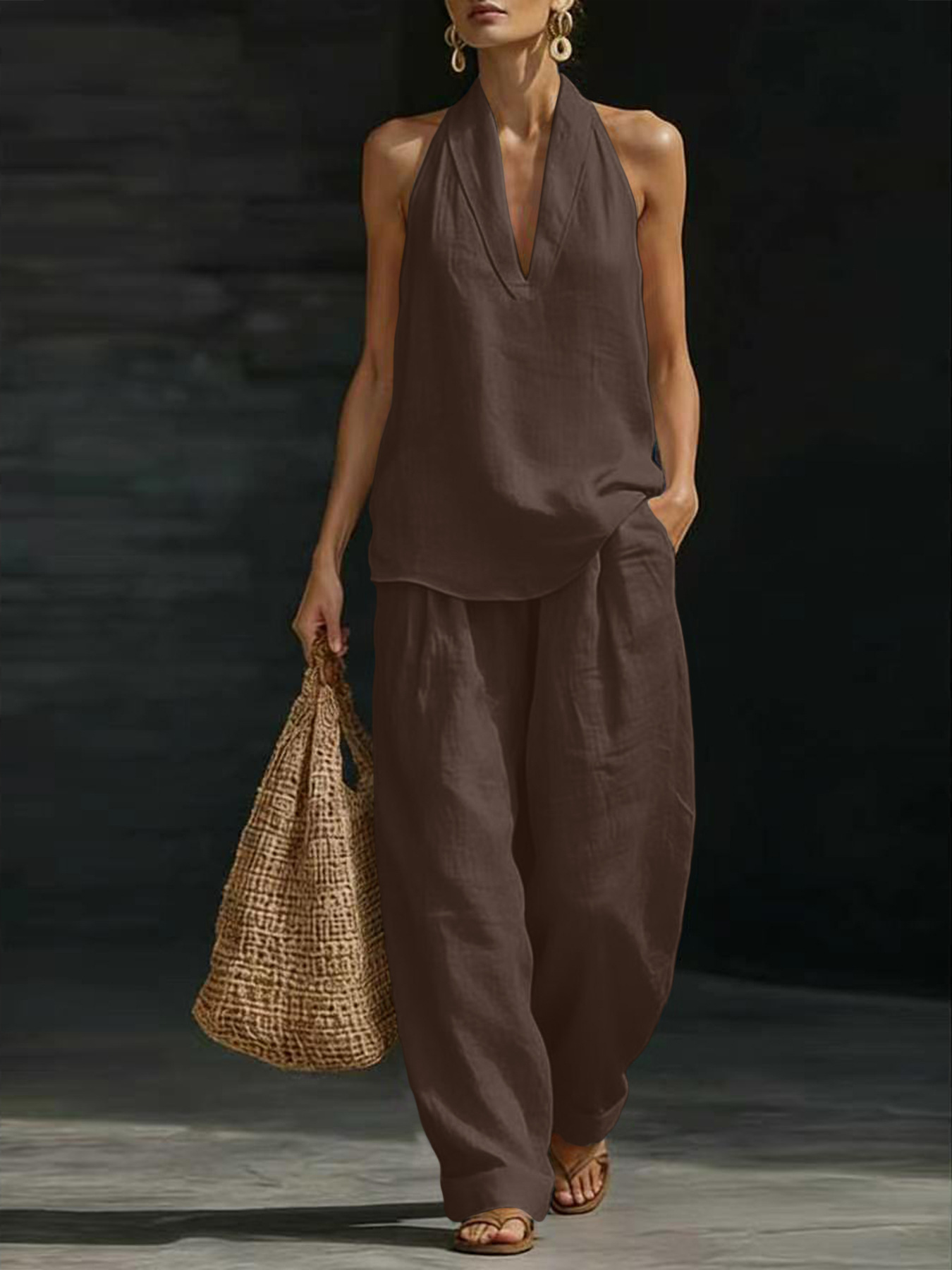 Women Linen 2 Piece Outfit Hal - Linen Pant Wide review and price